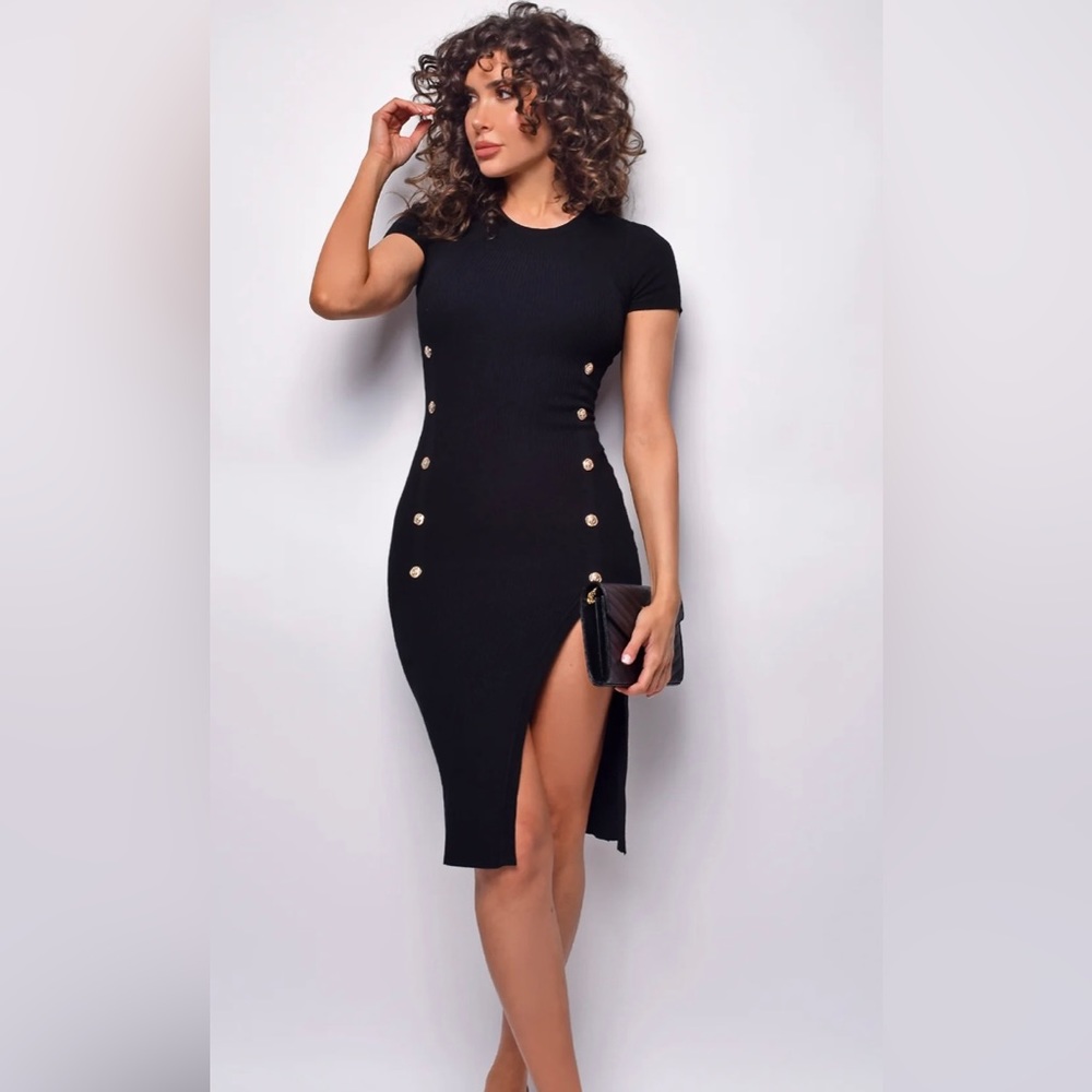 Black Button Detail Ribbed Slit Midi Dress. Brand: Emprada New With Tags